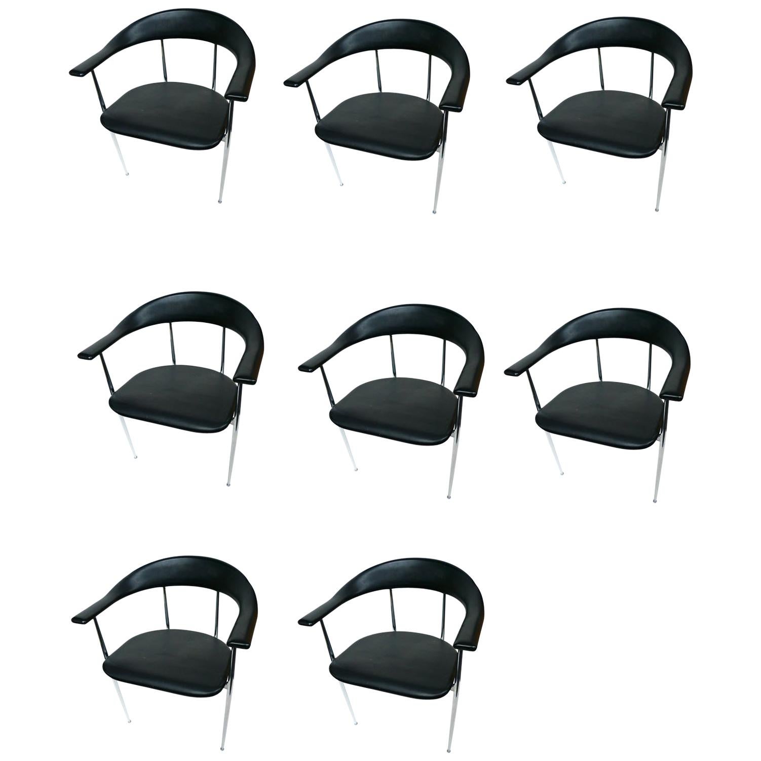 1980s Chrome and Black Rubber Dining Chairs, a Set of Eight