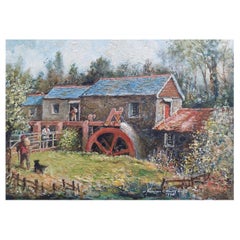 Vintage Traditional English Painting Watermill at Tresmeer Cornwall, Figures at Work