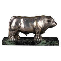 J.Laugerette (XXth c., France) : Silver plated bronze sculpture of a Bull