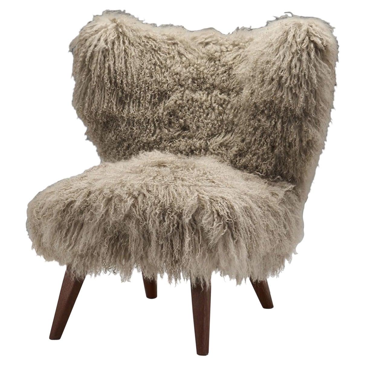 Mongolian Shearling Easy Chair with Tapered Wood Legs, Europe ca 1950s For Sale