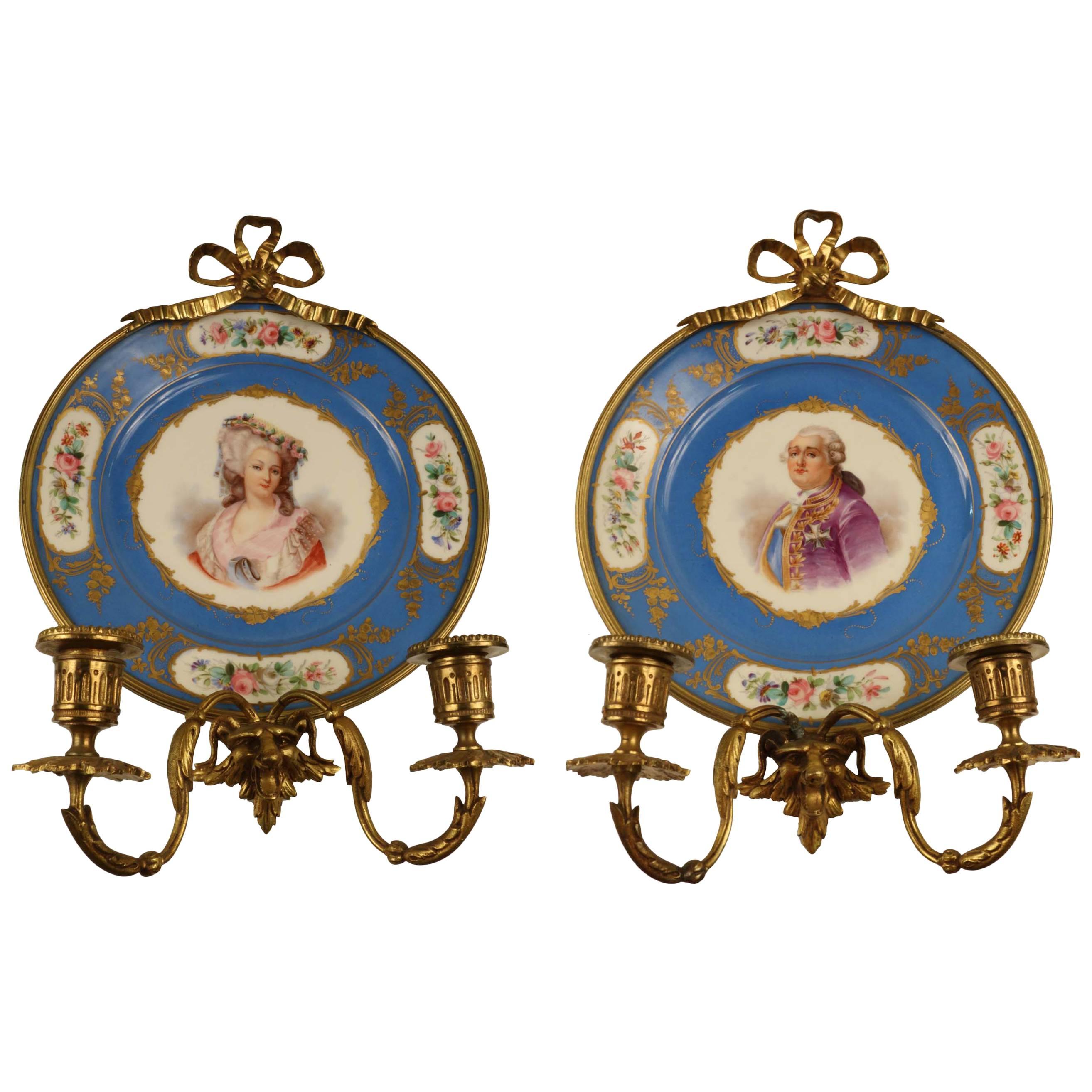Pair of Antique Sevres Cabinet Plates Mounted as Wall Sconces For Sale