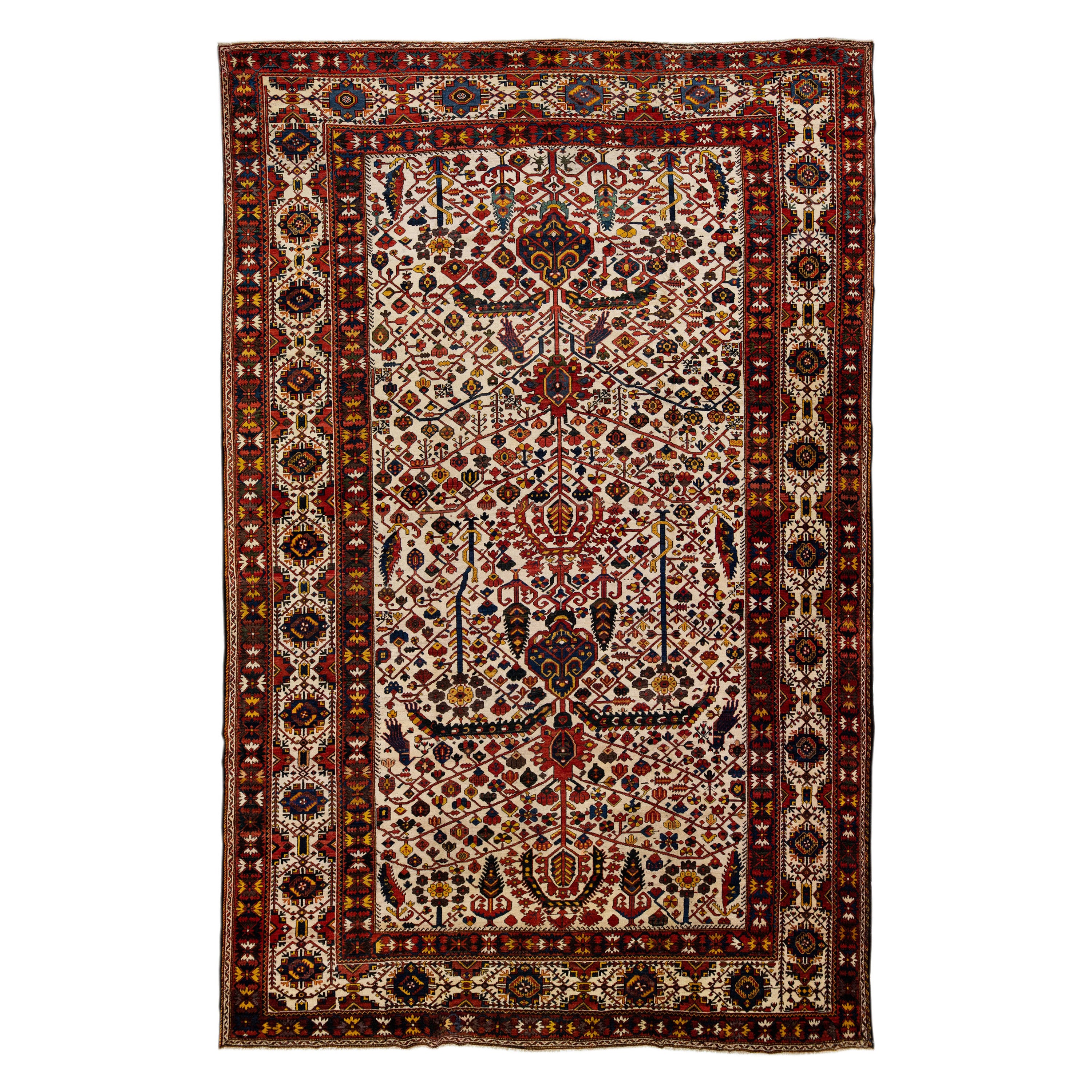 Handmade Persian Bakhtiari Beige Wool Rug with Allover Design For Sale