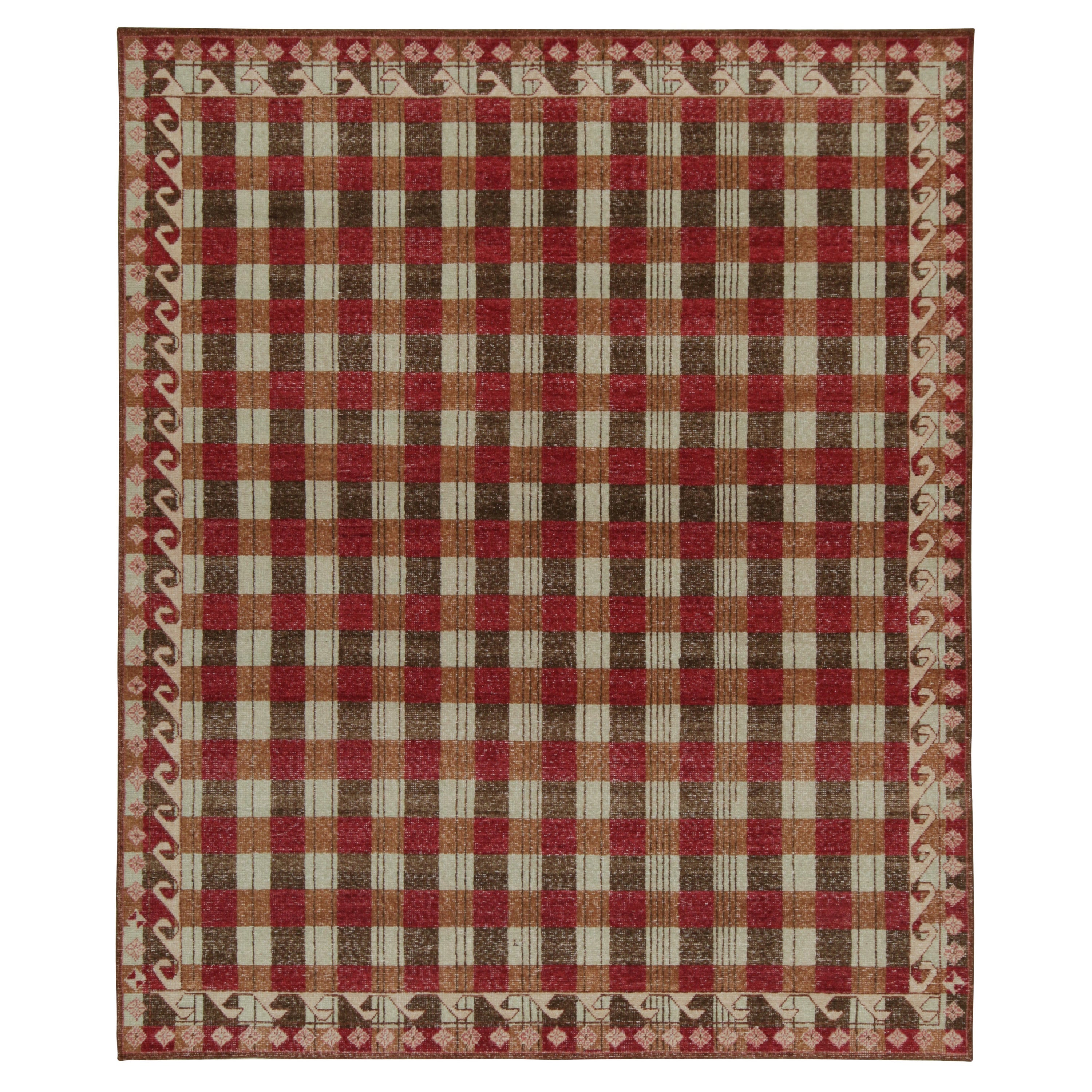 Rug & Kilim’s Distressed Swedish Style Rug in Red and Brown Geometric Pattern For Sale