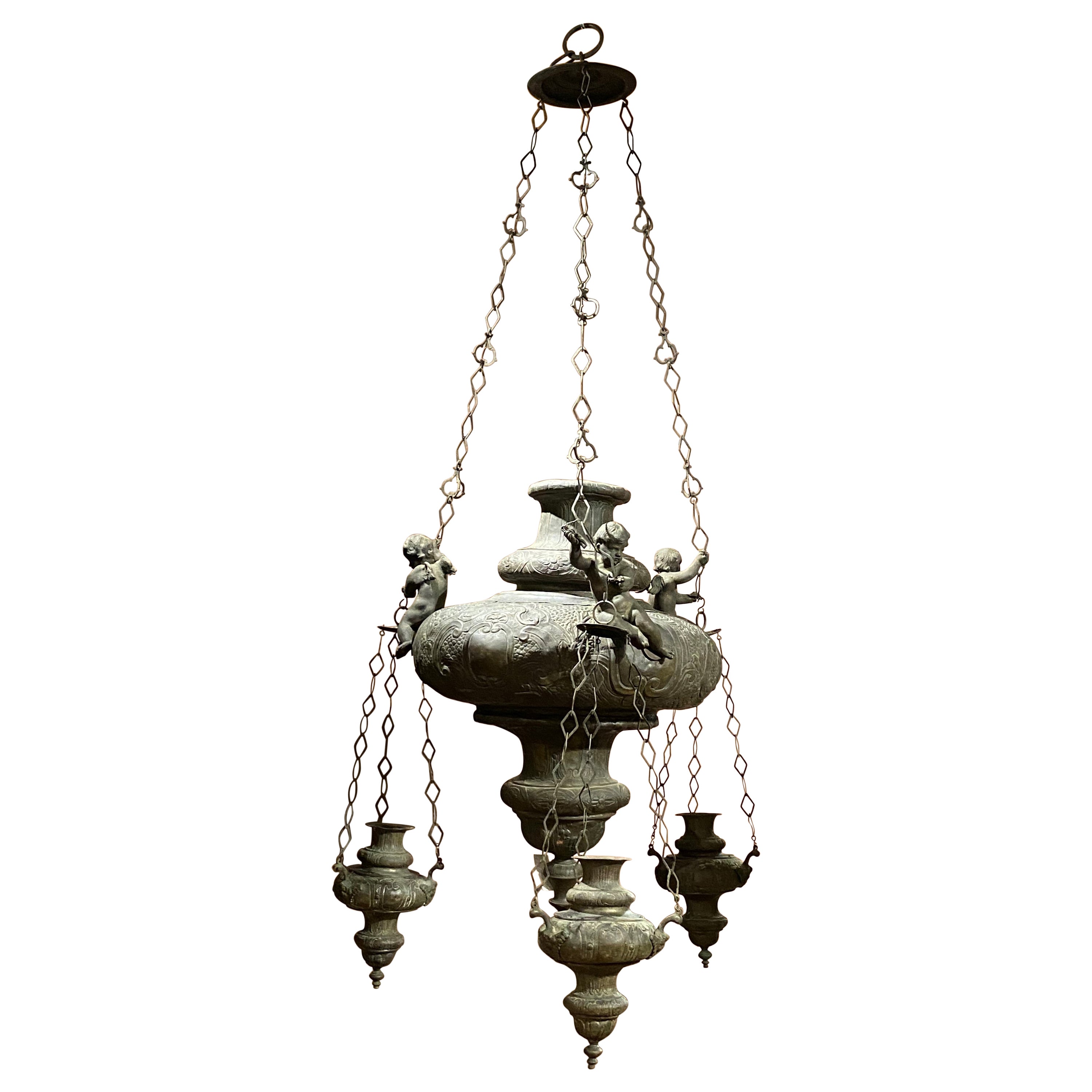 19th Century Italian Sanctuary Lamp Ensuite with 3 Smaller Lamps For Sale