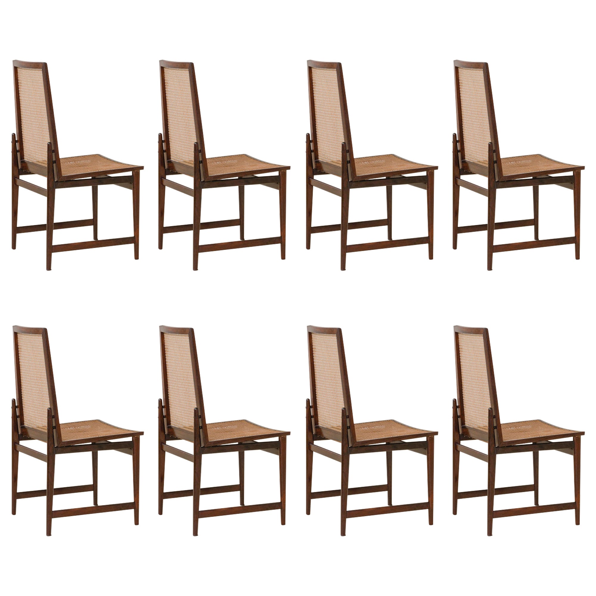 Set of 8 Rosewood and Cane Chairs by Móveis Cantù, 1960s, Brazilian Midcentury