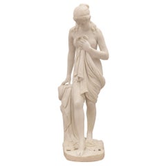 Antique Italian 19th Century White Carrara Marble Statue of a Beautiful Bathing Woman