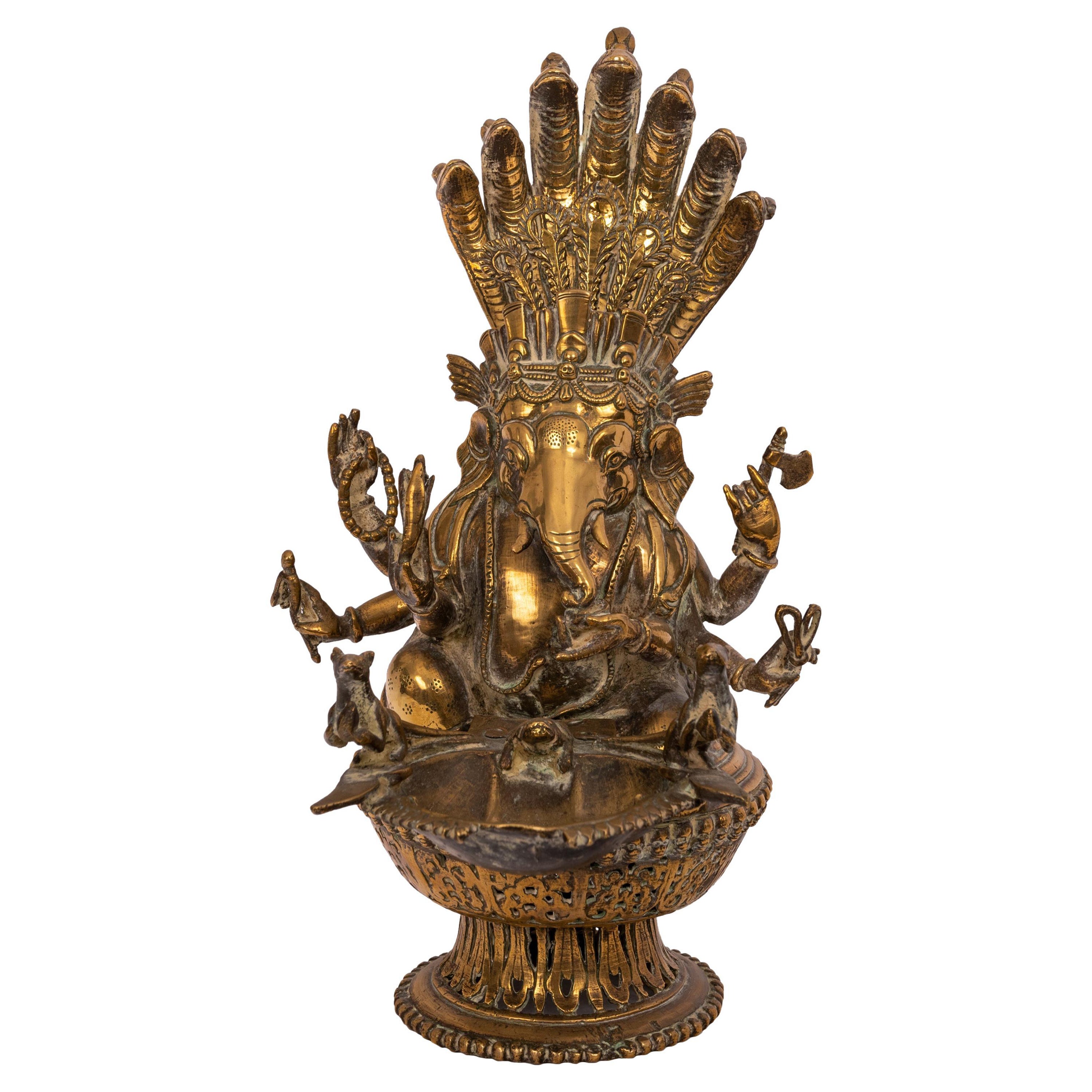 Large 19th Century Antique Indian Hindu Ganesha Figural Votive Brass Oil Lamp For Sale