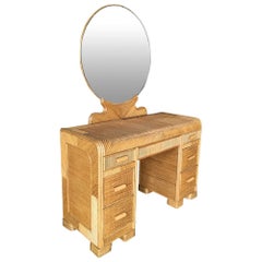 Restored Streamline Stick Rattan Vanity with Rice Coverings and Round Mirror