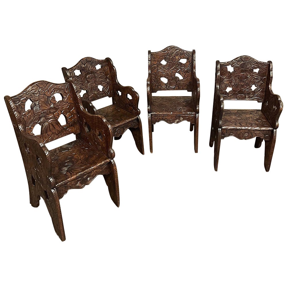 Set of 4 Antique Black Forest Style Sycamore Armchairs ~ Game Table Chairs For Sale