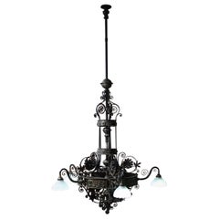 Early 20th Century Huge Iron & Brass Cathedral Castle Gothic Chandelier Light