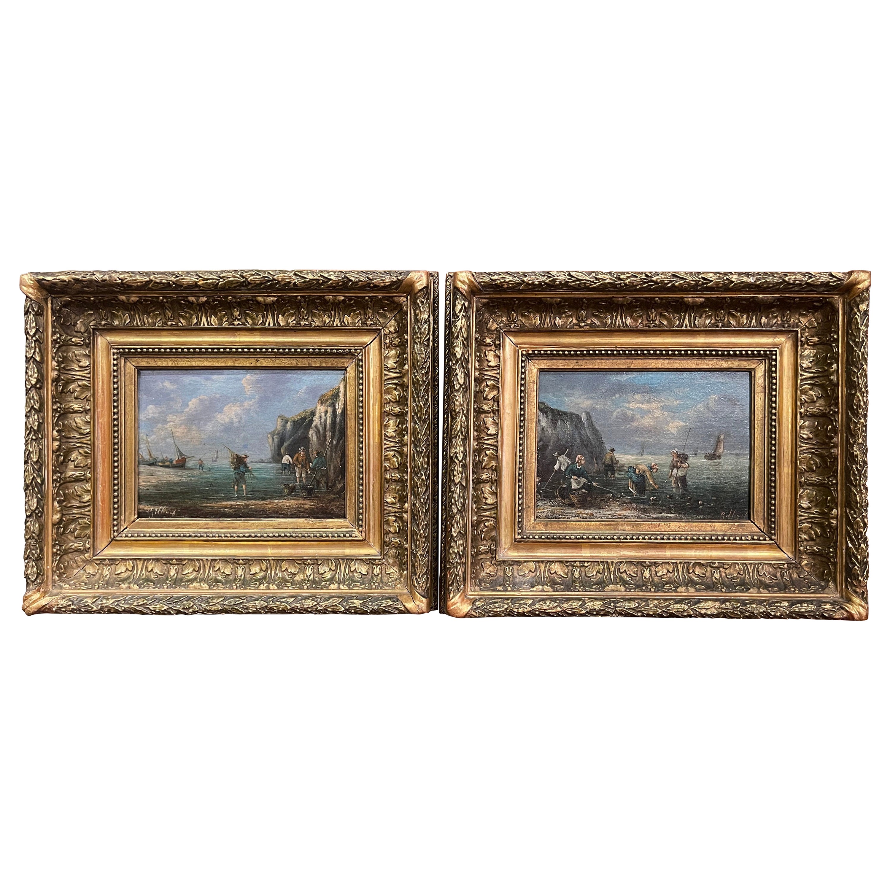 Pair of 19th Century French Signed Fishing Scenes Paintings in Carved Frames