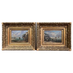 Pair of 19th Century French Signed Fishing Scenes Paintings in Carved Frames