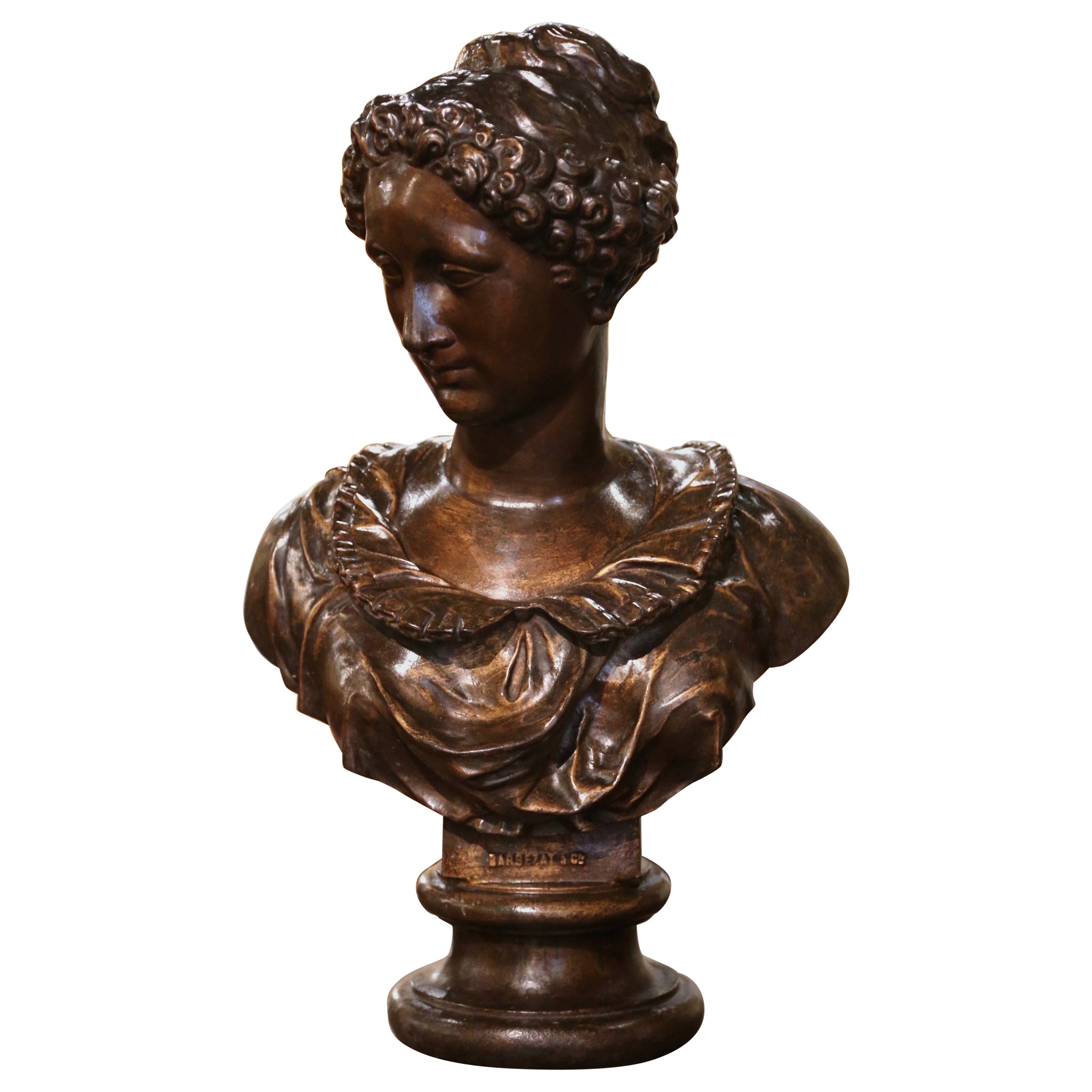 19th Century French Patinated Cast Iron Female Bust Signed Barbezat & Cie For Sale