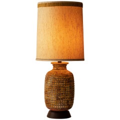 Vintage Large Brutalist Glazed Terracotta Lamp with Original Textured Shade