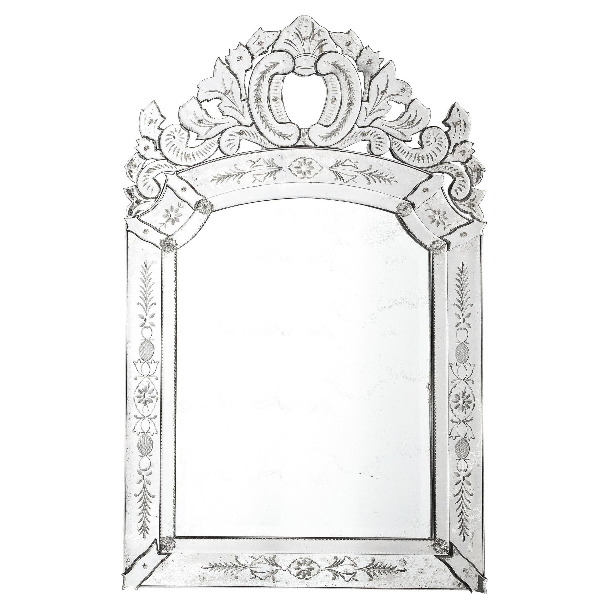 Smoked Venetian Mirror with Reversed Etching and Chain Beveling For Sale