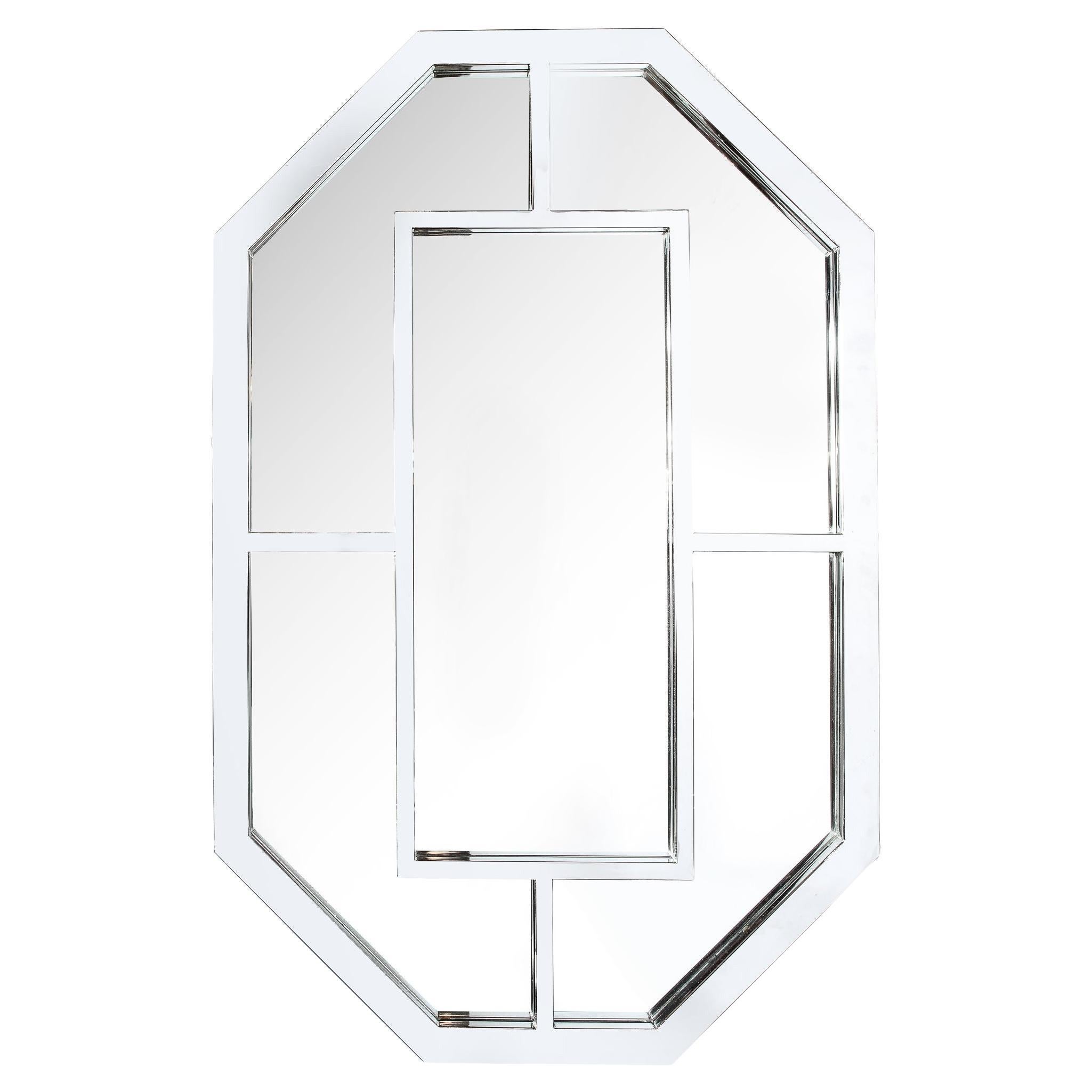 Modernist Geometric Shield Form Octagonal Geometric Mirror with Chrome Detailing For Sale