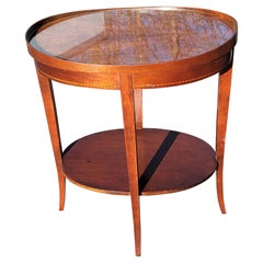 Retro Mersman Tiered Mahogany Inlay Oval Side Table W/ Protective Glass Top