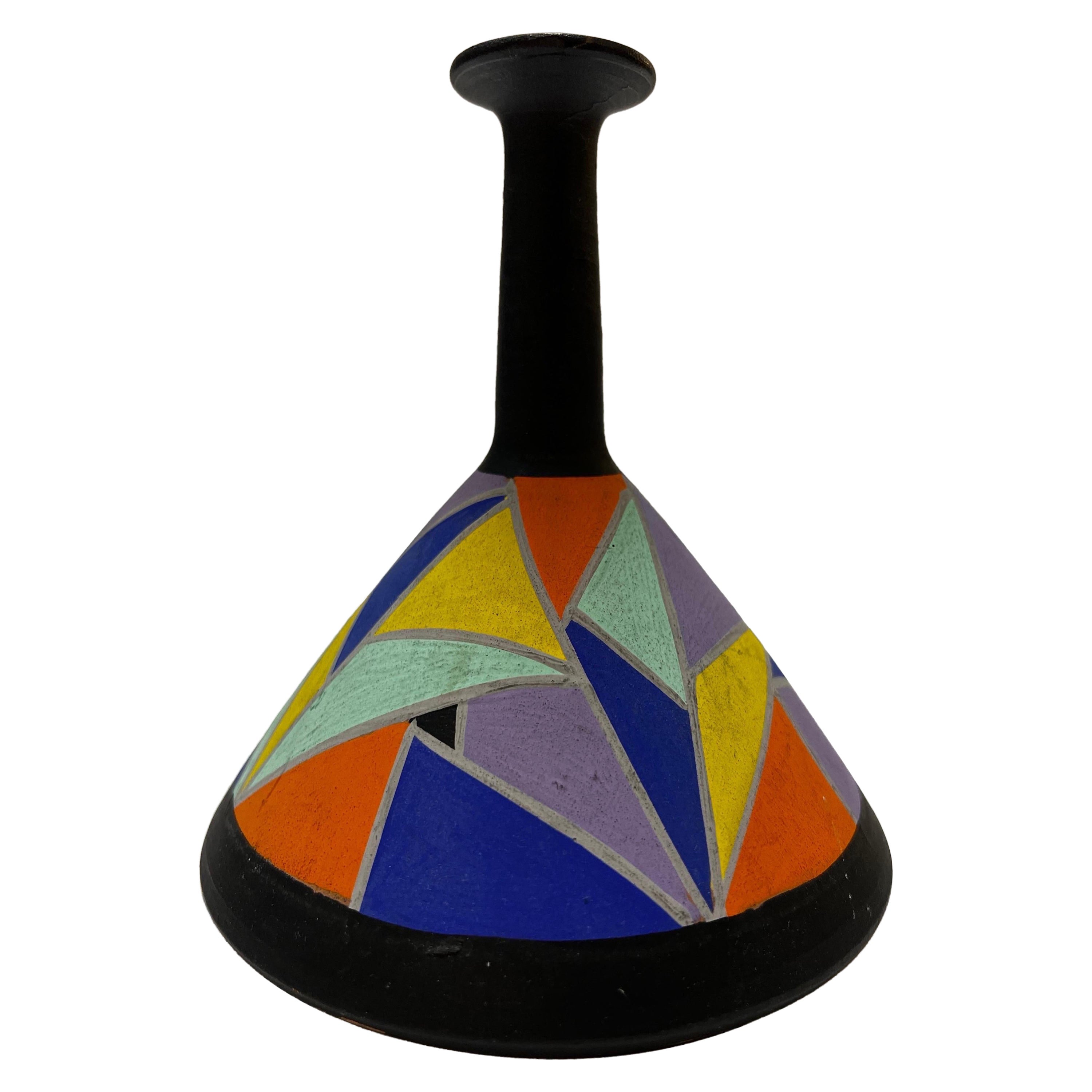 Modernist Clarice Cliff Style Hand Painted Geometric Vase with Elongated Neck For Sale