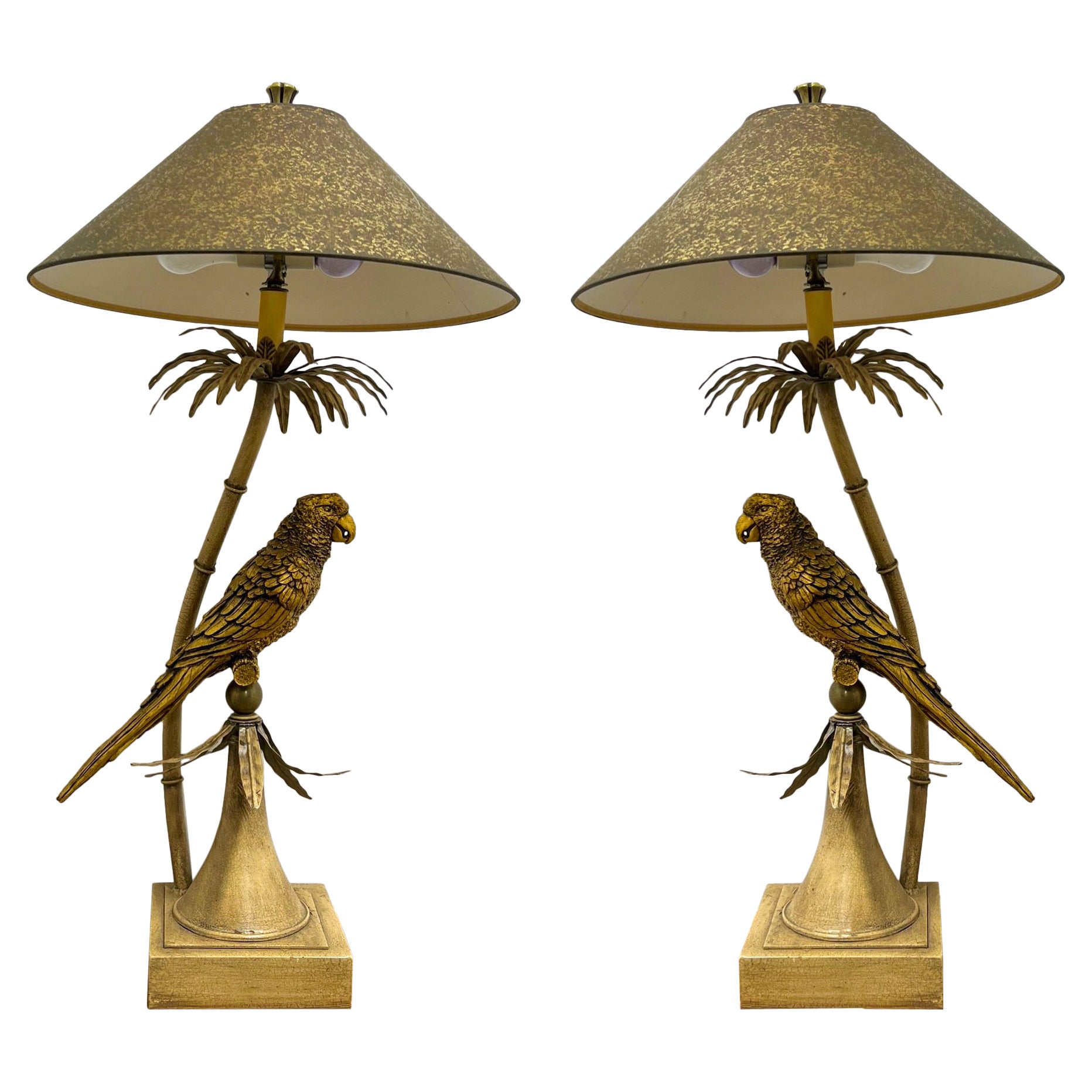 Mid-Century  Palmbeach Regency Style Tole Parrot / Bird Lamps - Pair