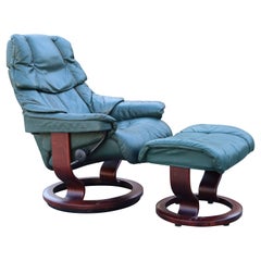 Ekornes Stressless Green Leather Recliner Armchair and Ottoman