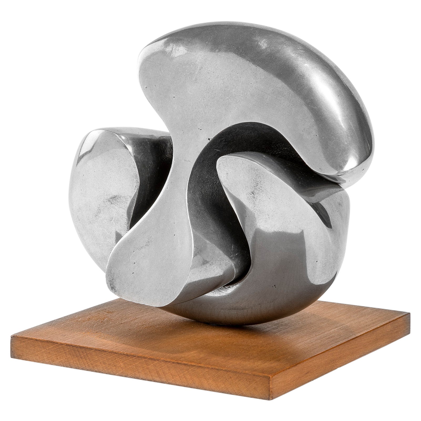 20th Century Giacomo Benevelli Chromed Sculture with Wooden Base, 70s For Sale