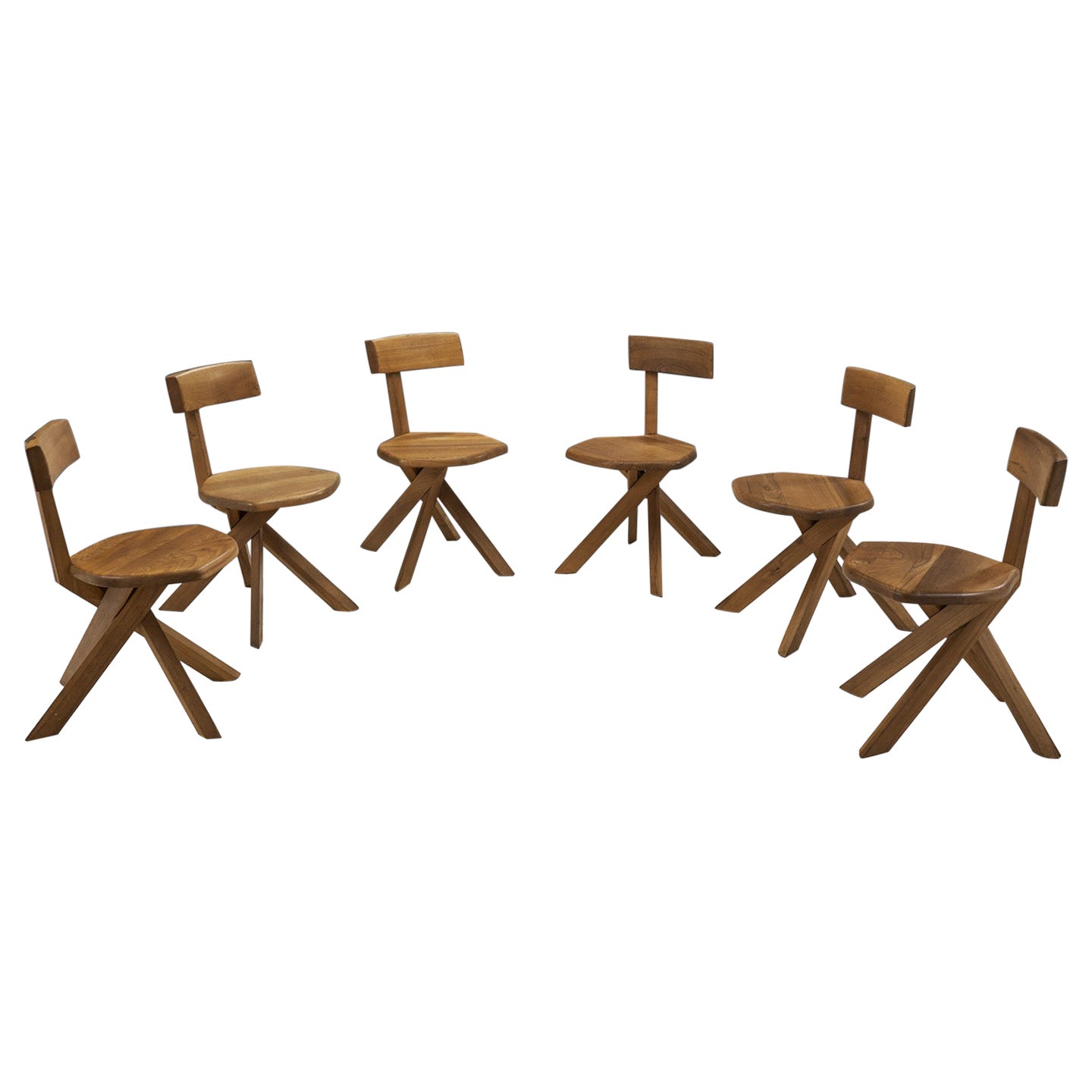Pierre Chapo Set of Six "S34" Elm Wood Chairs, France, 1960s