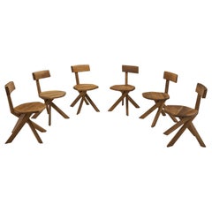 Retro Pierre Chapo Set of Six "S34" Elm Wood Chairs, France, 1960s