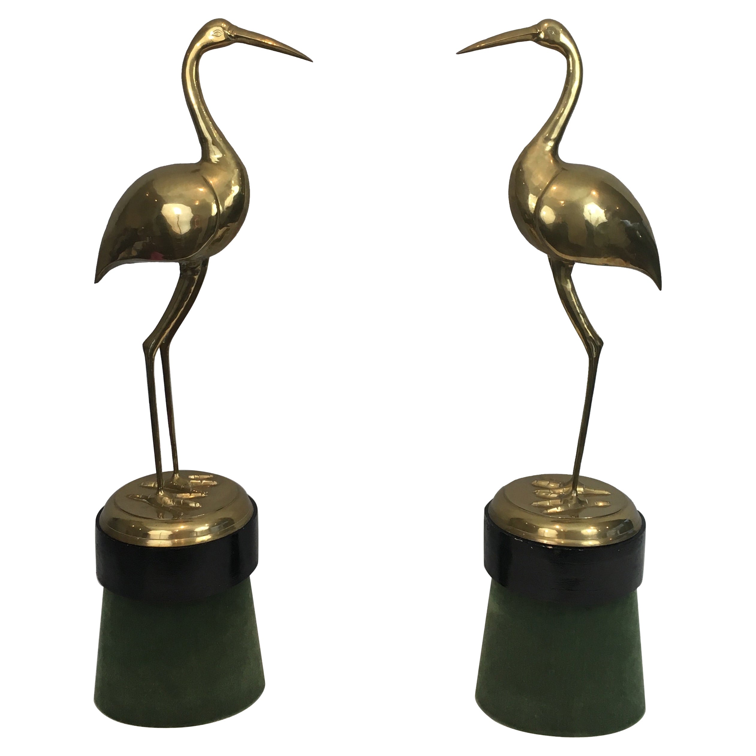 Pair of Decorative Brass Ibis on Wooden Stands For Sale