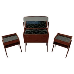 1960s Teak Vanity Table and Two Nightstands with Decorated Glass Tabletops