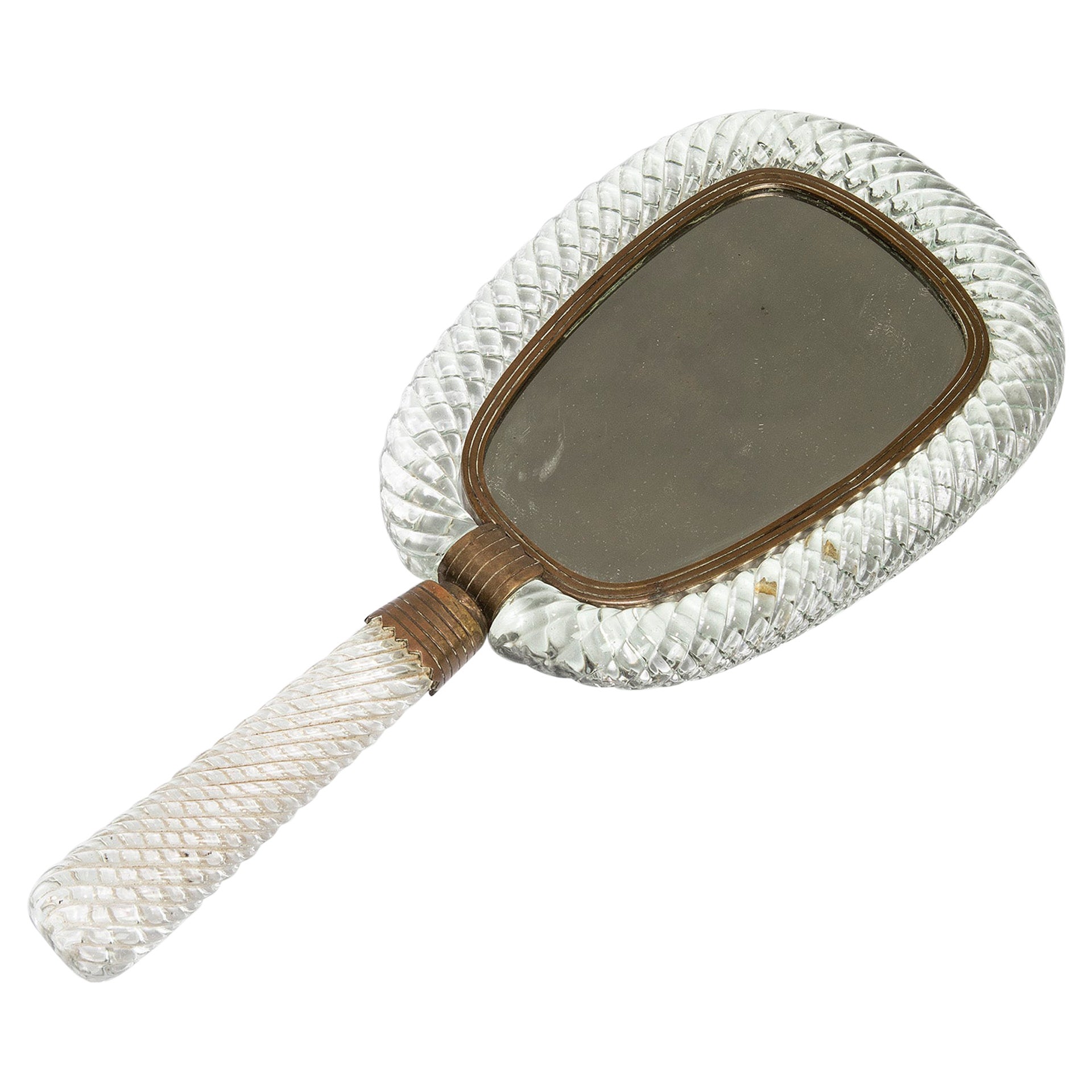 20th Century Venini Hand Mirror in Twisted Crystal and Brass, 30s For Sale