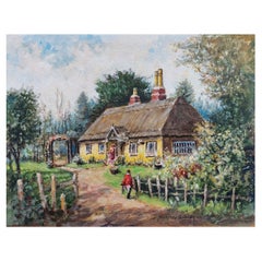 Vintage Traditional English Painting Thatched Cottage Wrotham Hill, Kent, with Figures