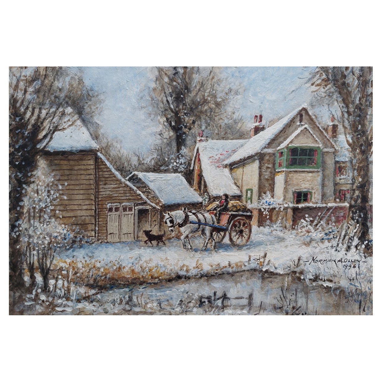 Peinture traditionnelle anglaise d'après-midi d'hiver, ferme du Surrey, Angleterre, cheval et chariot