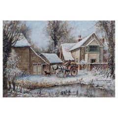 Traditional English Painting Winter Morning Surrey Farm England Horse & Cart