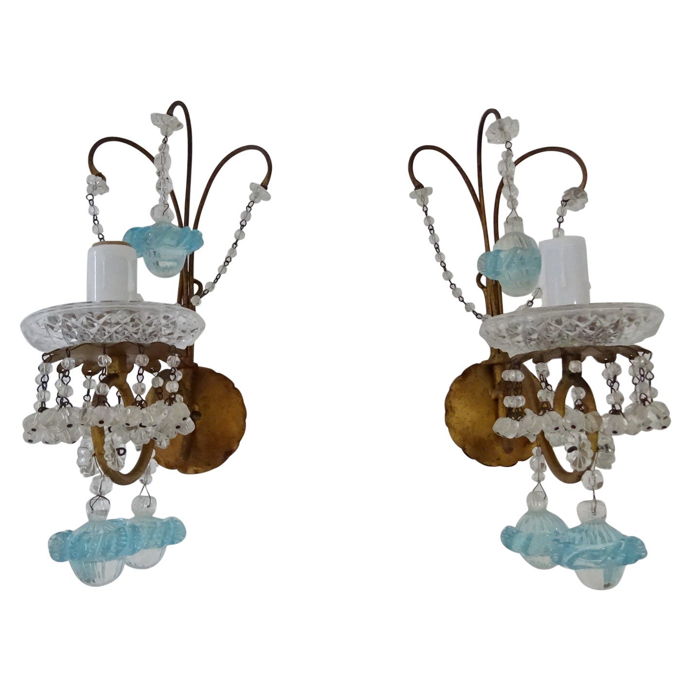 1920, French, Aqua Blue Murano Ribbon Balls and Crystal Sconces For Sale