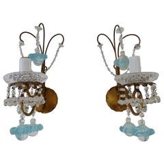 1920, French, Aqua Blue Murano Ribbon Balls and Crystal Sconces