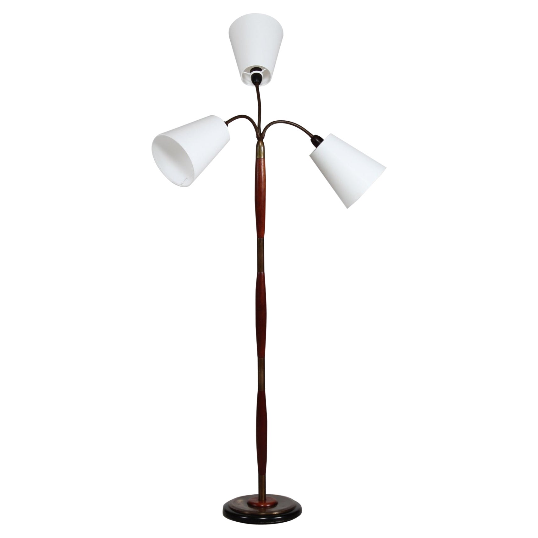 Danish Modern 1950s Three-Armed Floor Lamp of Teak and Brass with New Shades 