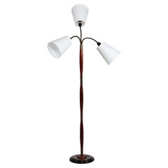 Danish Modern 1950s Three-Armed Floor Lamp of Teak and Brass with New Shades 
