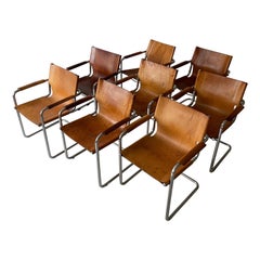 Matteo Grassi, 8 Cantilever Armchairs in Patinated Cognac Leather, Italy 1970s