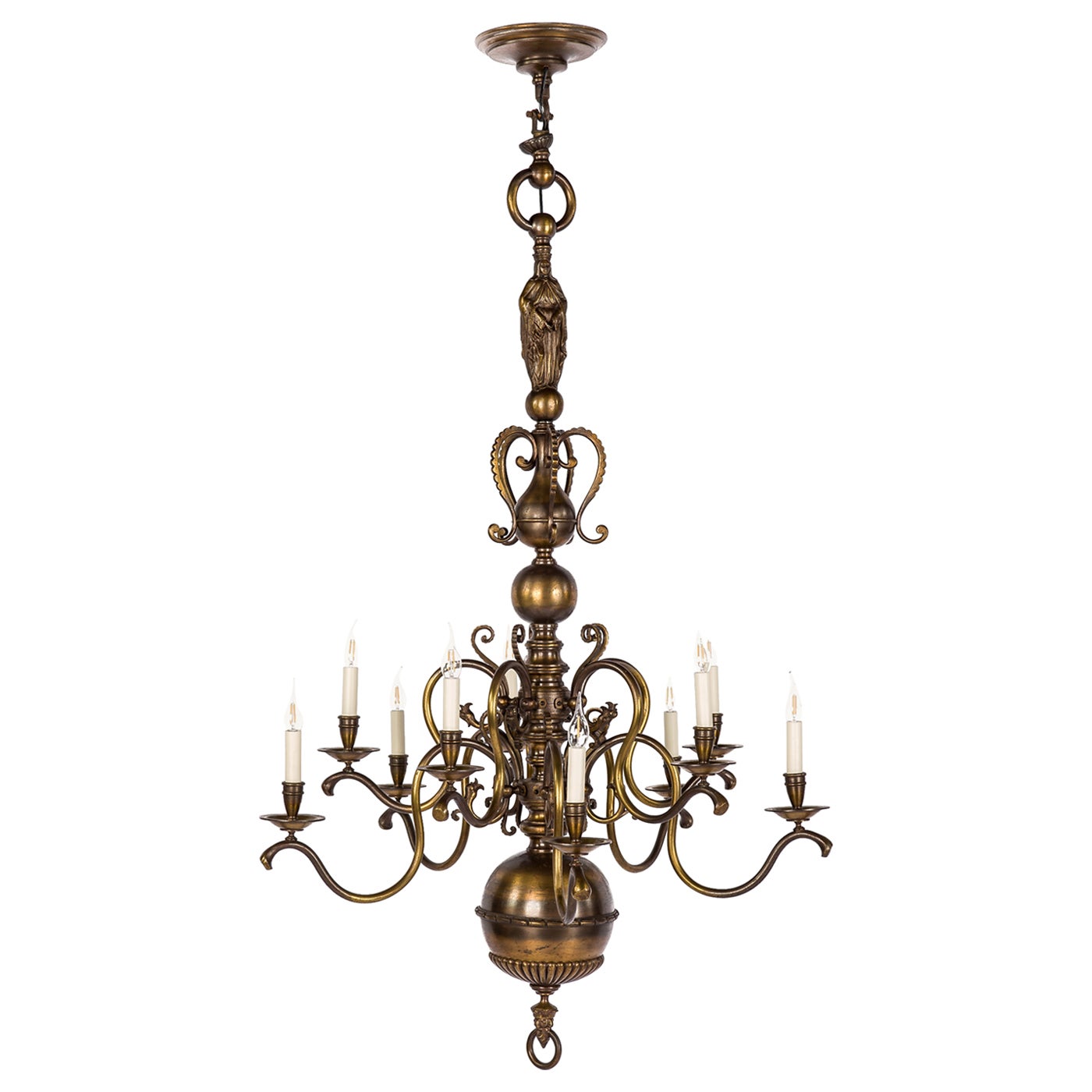 Antique Tall 2-Tier Patinated Brass Dutch or Flemish 10 Light Chandelier