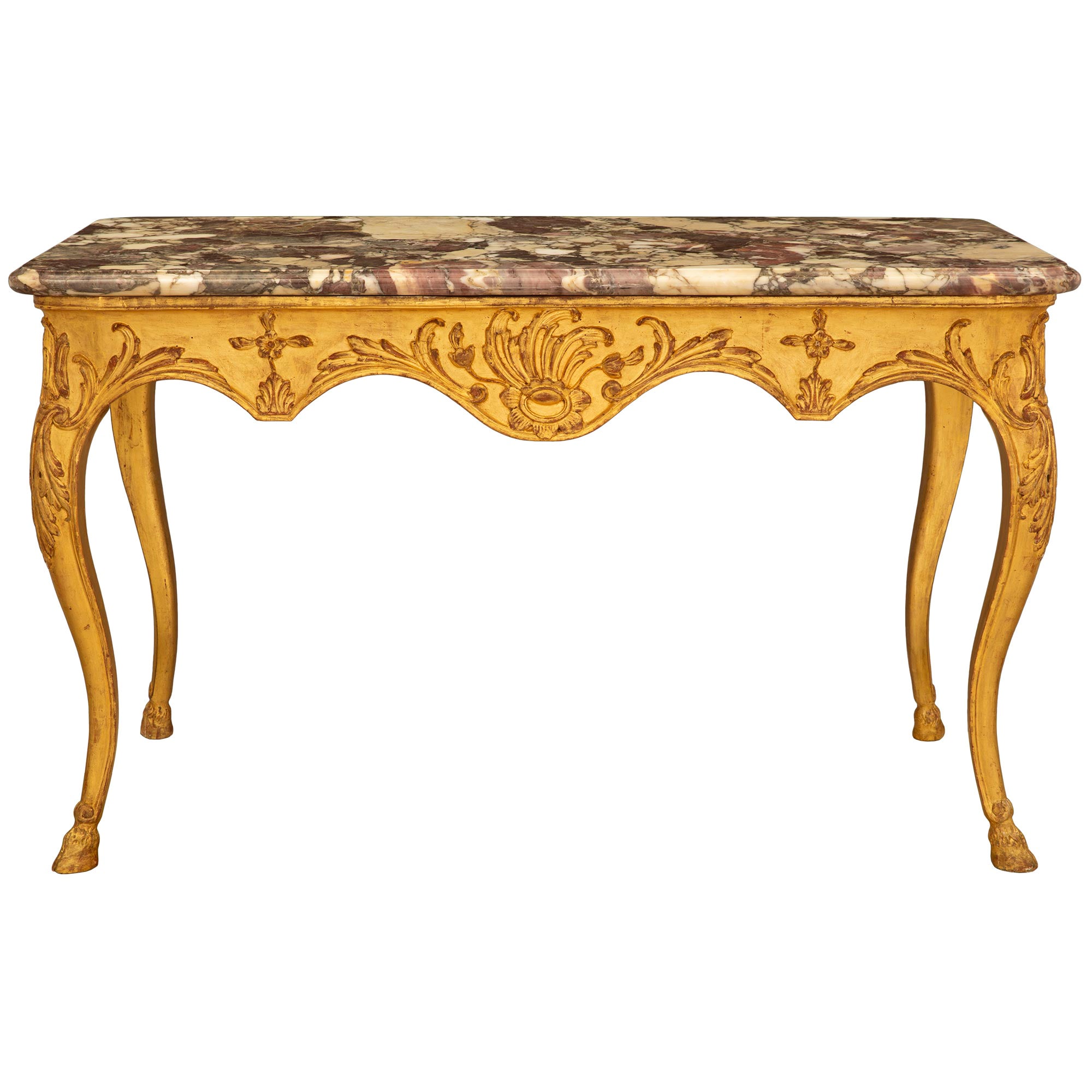 Table centrale italienne d'époque Louis XV du milieu du XVIIIe siècle en bois doré et marbre en vente
