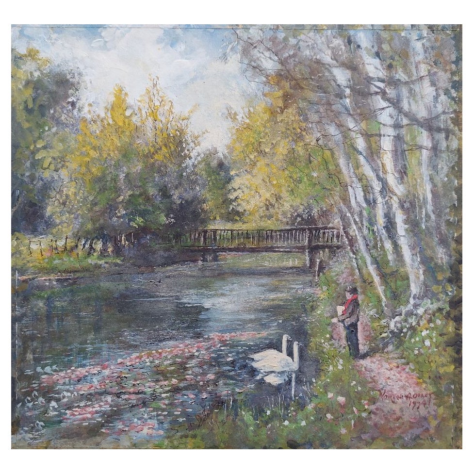 Traditional English Painting Swans on River Molember East Molesey Surrey England For Sale