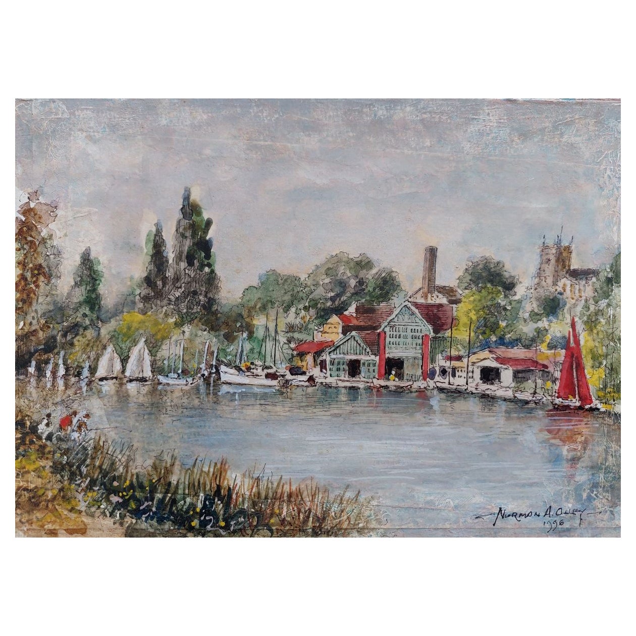Traditional English Painting Constables Boatyard Thames Hampton, England For Sale