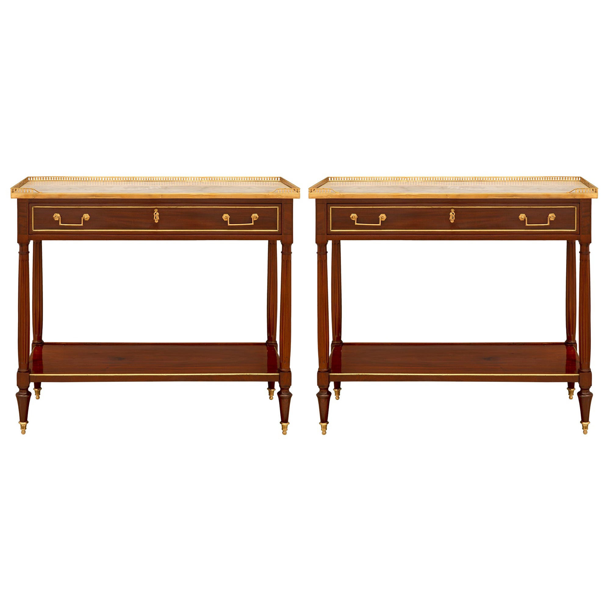 Pair of French 19th Century Louis XVI St. Mahogany, Ormolu and Marble Consoles For Sale