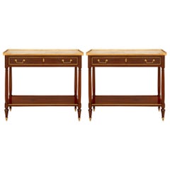 Antique Pair of French 19th Century Louis XVI St. Mahogany, Ormolu and Marble Consoles