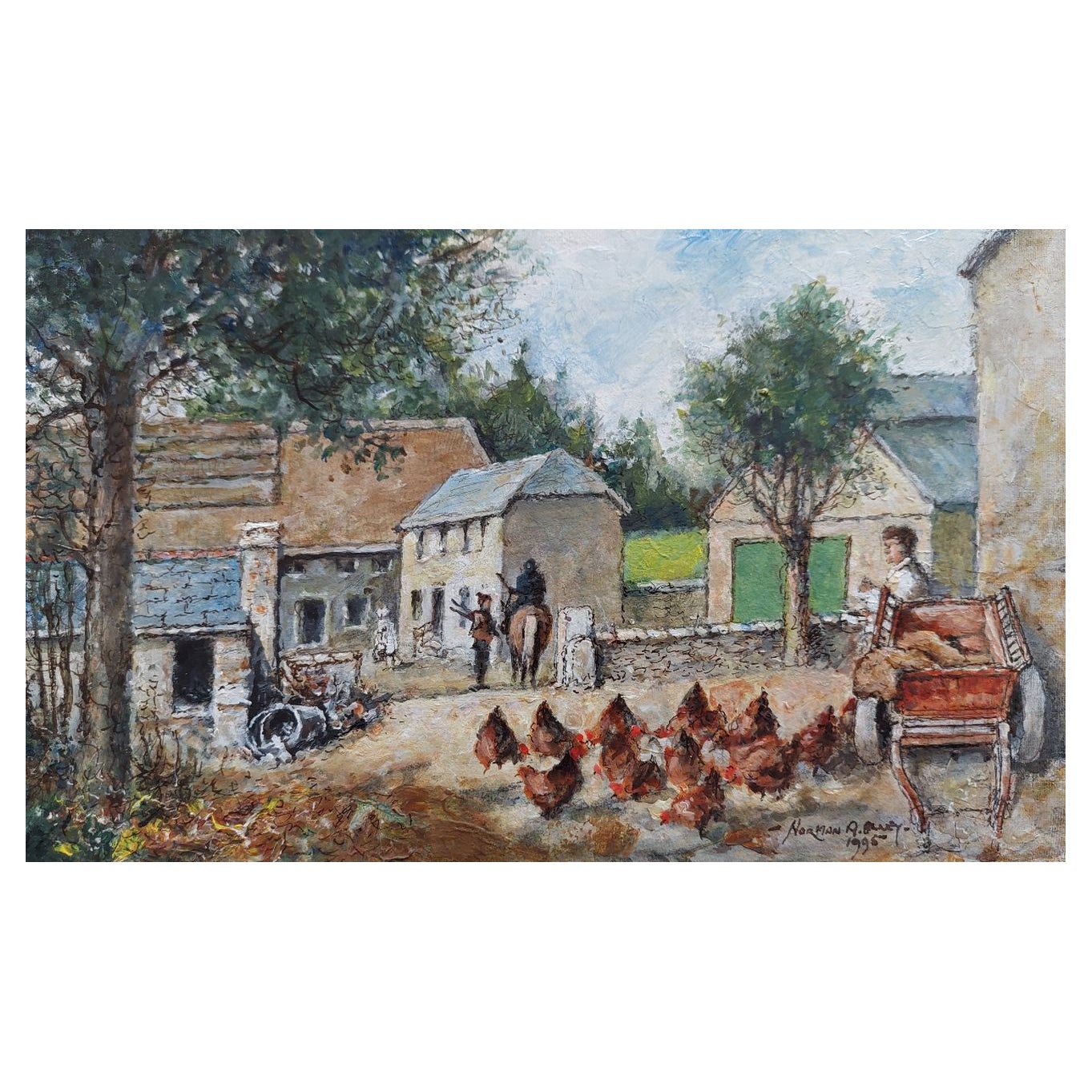 Traditionelles englisches Gemälde auf dem Bauernhof von South Devon, Hühner von Aveton Gifford im Angebot
