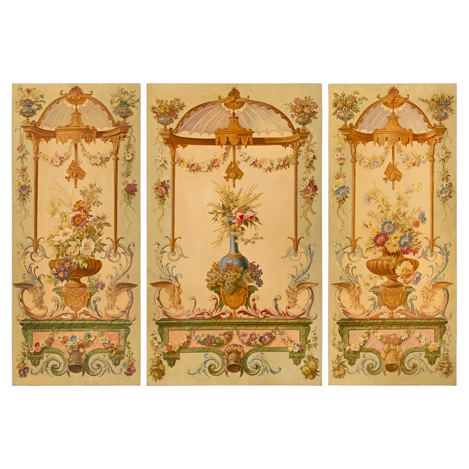 Set of Three Continental 20th Century Louis XVI St. Hand Painted Wall Panels For Sale