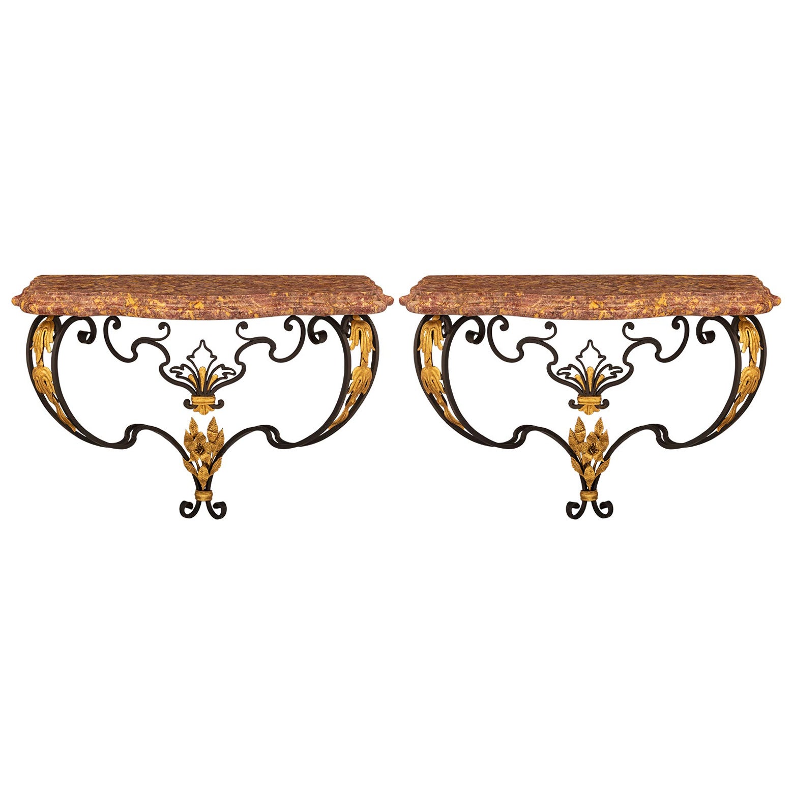 Pair of French Turn of the Century Louis XV St. Wrought Iron and Marble Consoles For Sale