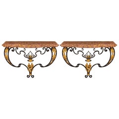 Pair of French Turn of the Century Louis XV St. Wrought Iron and Marble Consoles