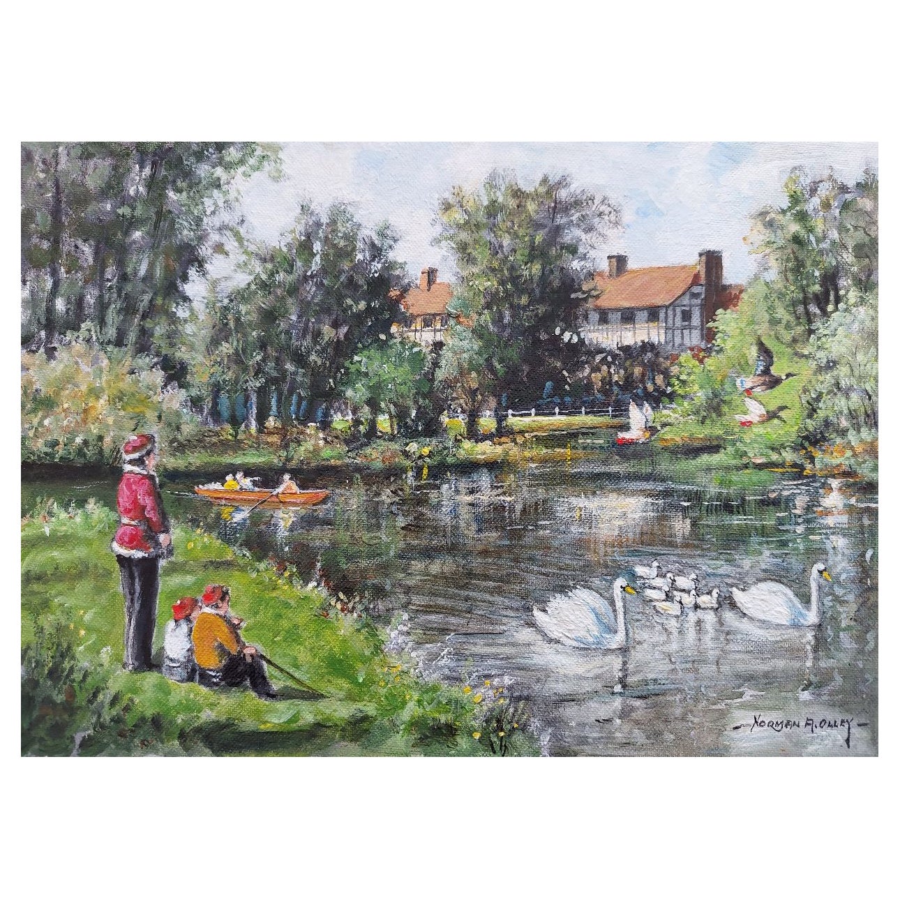 Traditionelles englisches Gemälde am Fluss Mole, East Molesey, Surrey, England im Angebot
