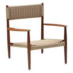 Retro Scandinavian Wooden Armchair with Cord Webbing, 1960s